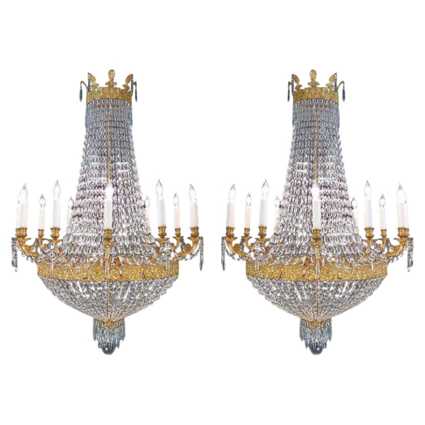 Pair of Italian Louis XVI St. Ormolu and Crystal Chandeliers For Sale