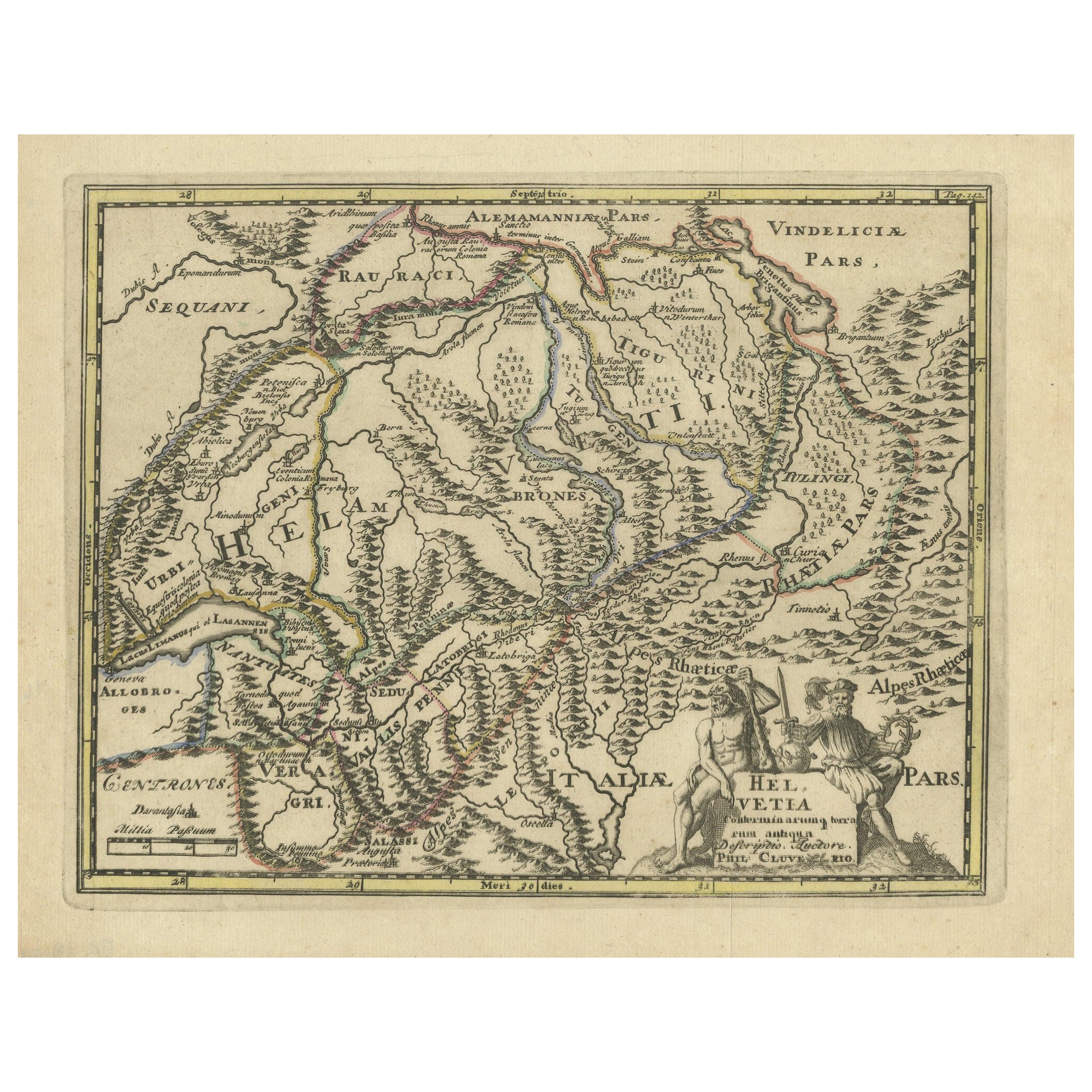 Autentica carta geografica antica incisa dell'Elvezia o della Svizzera, 1729