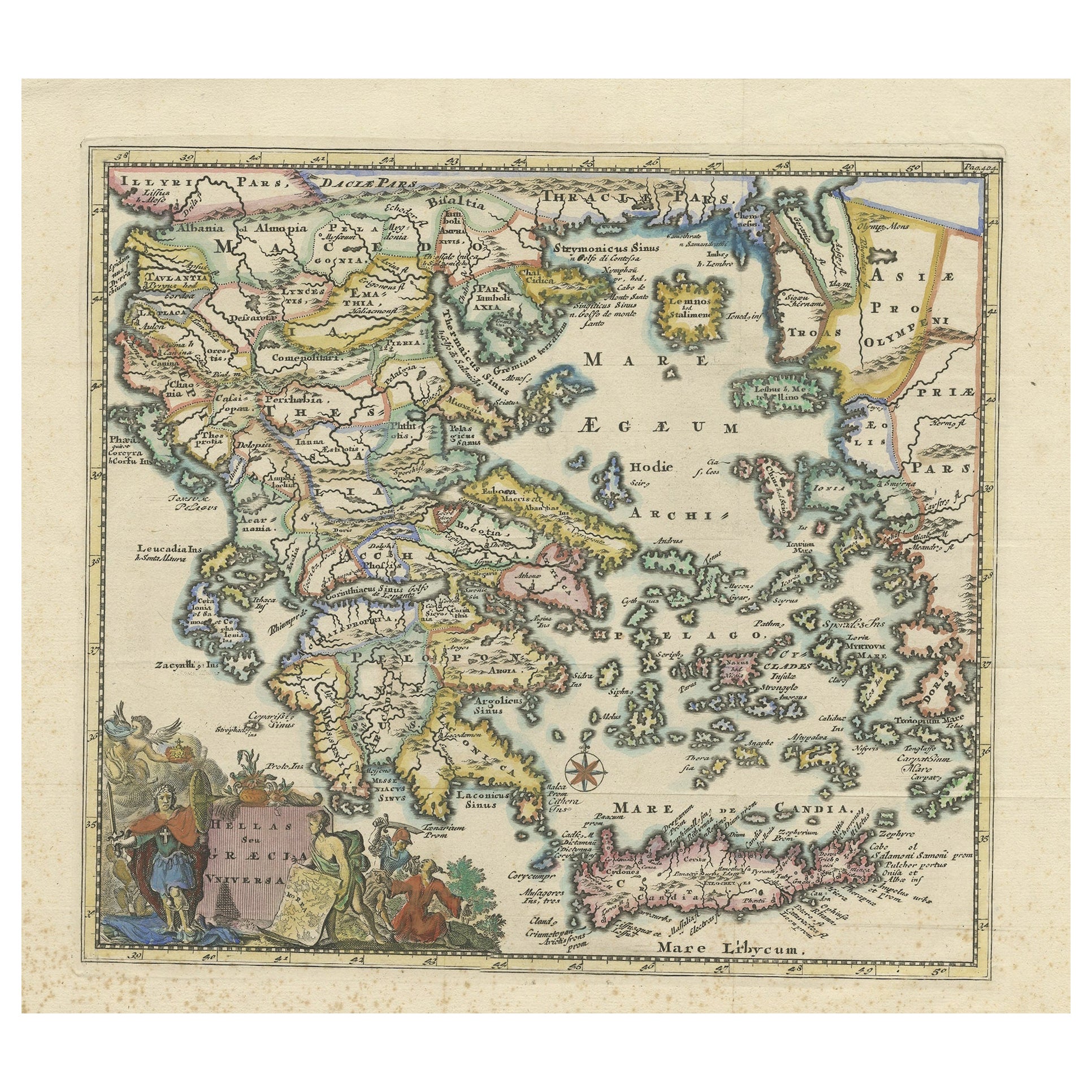 Antique Hand Colored Map of Greece, 1697