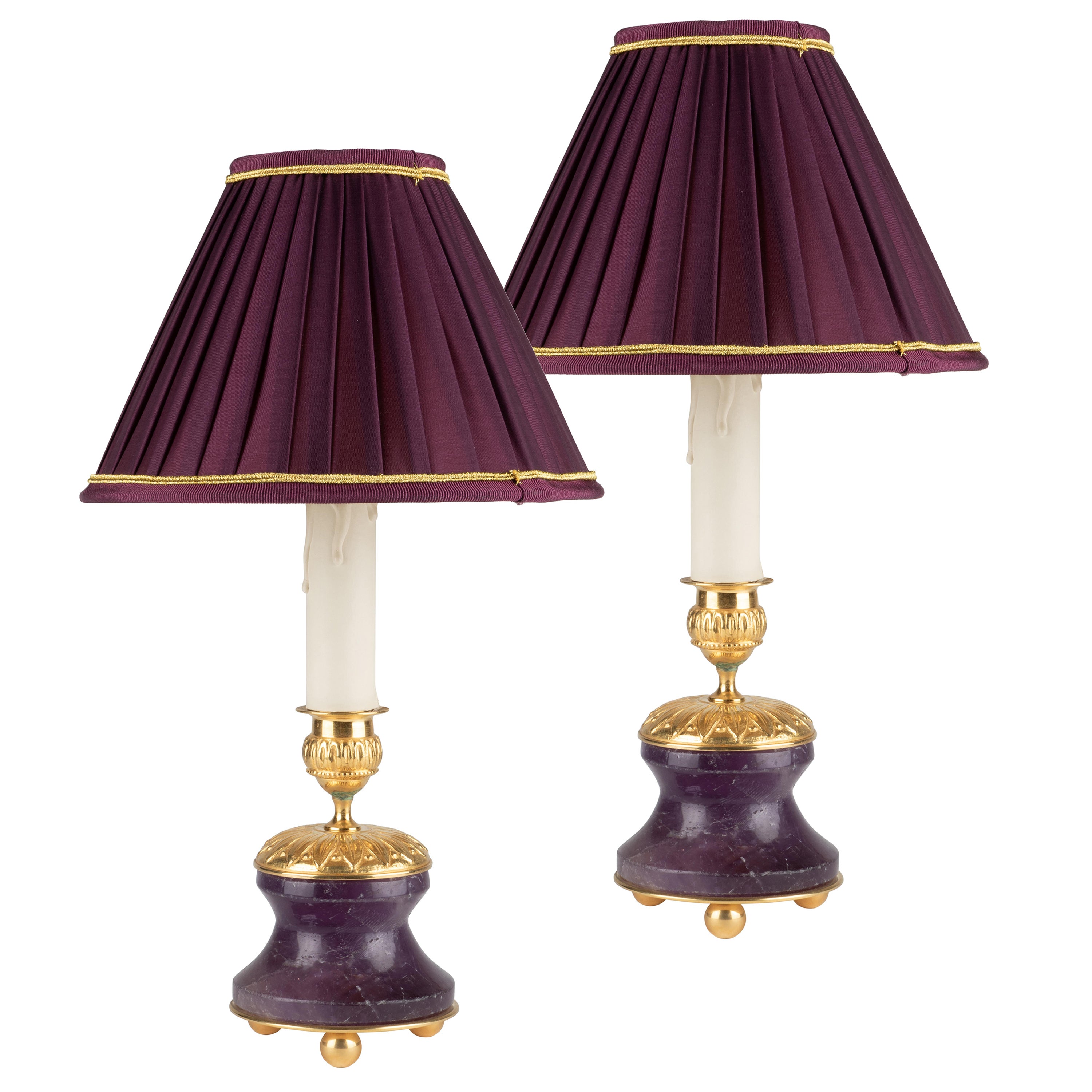 First Empire Style Amethyst Pair of Lamps and Candlesticks by Alexandre Vossion For Sale