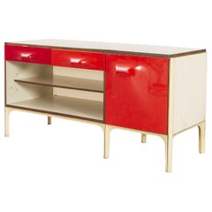 Small Credenza In White + Red Lacquer By Raymond Loewy