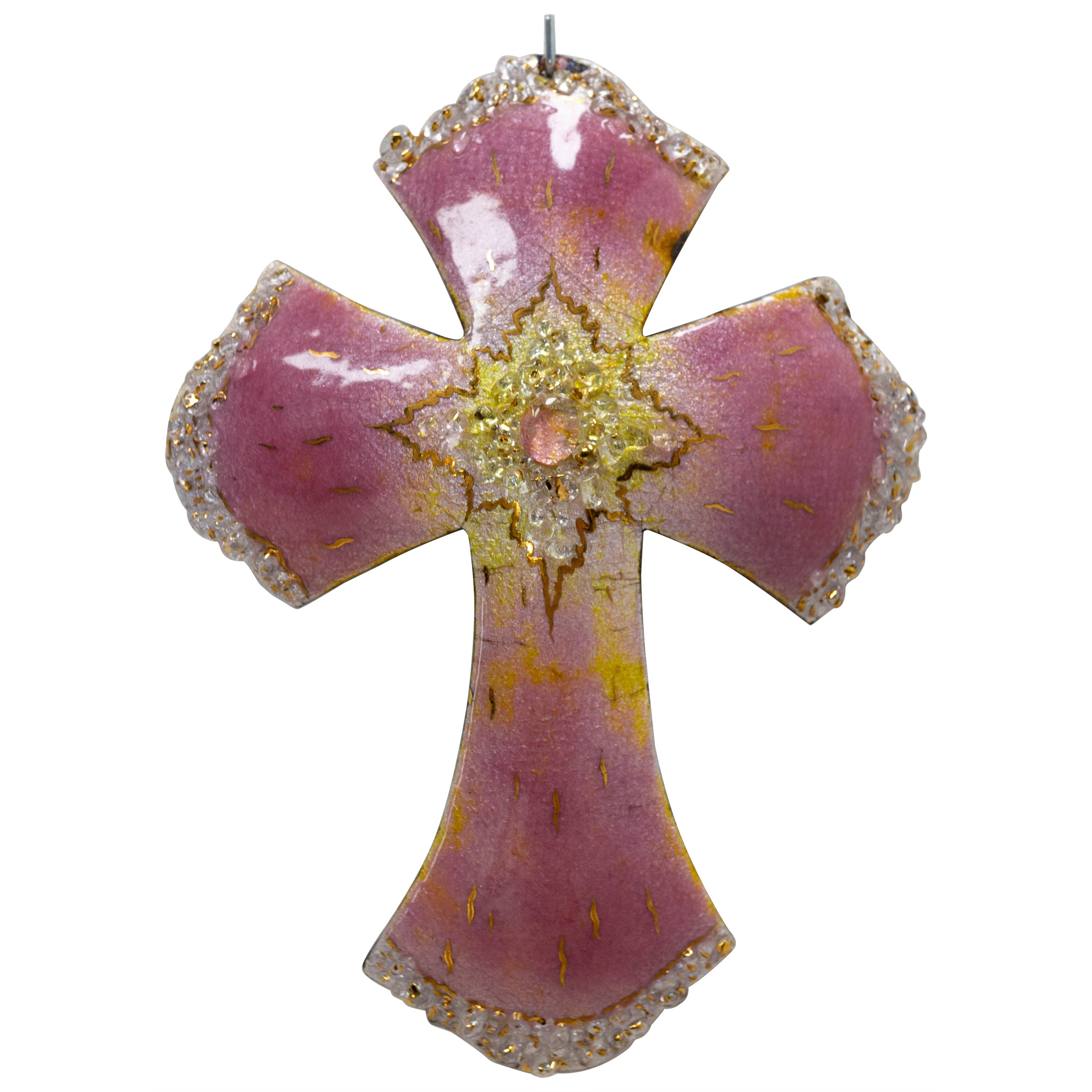 French Wall Jesus Cross Pink Enameled Copper from Limoges Mid-Century For Sale