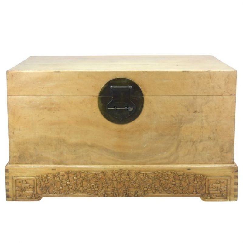 Asian Carved Wooden Chest on Wheels For Sale