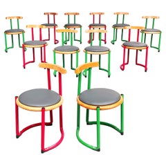 Italian mid-century Round metal, leather wood chairs by Tito Agnoli, 1950s