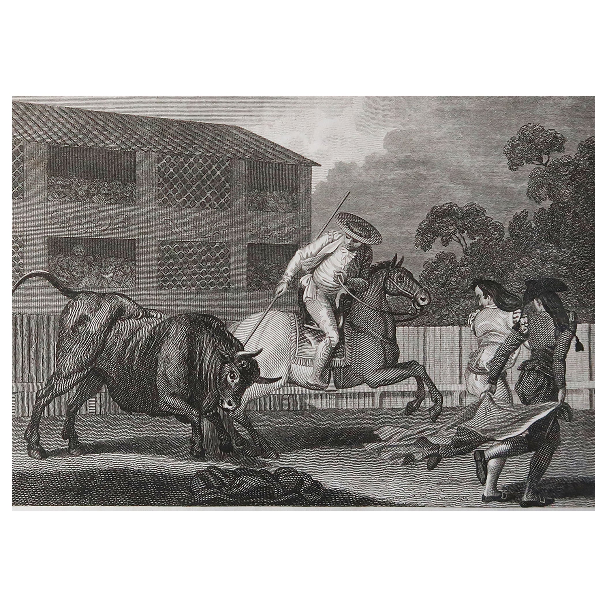 Impression originale ancienne de chasse au taureau, datée de 1805