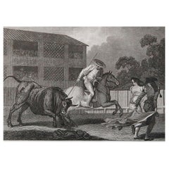 Impression originale ancienne de chasse au taureau, datée de 1805