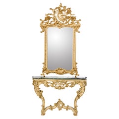 20th century Rococo carved giltwood and paint Italian consoles with mirror