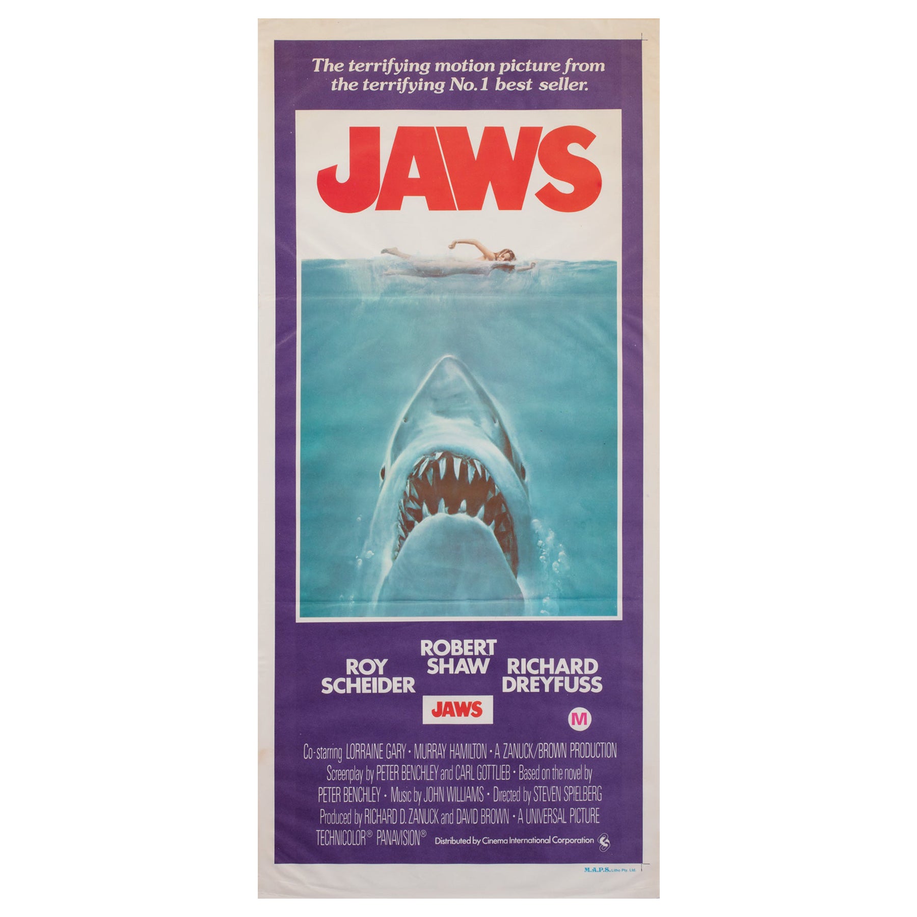 "JAWS", 1975 Australian Daybill Film Movie Poster
