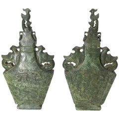 Vintage Pair of Asian Spinach Jade or Jadeite Vases