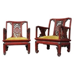 Antique Pair of Chinese Openwork Red Lacquer Armchairs, Late 19th Century