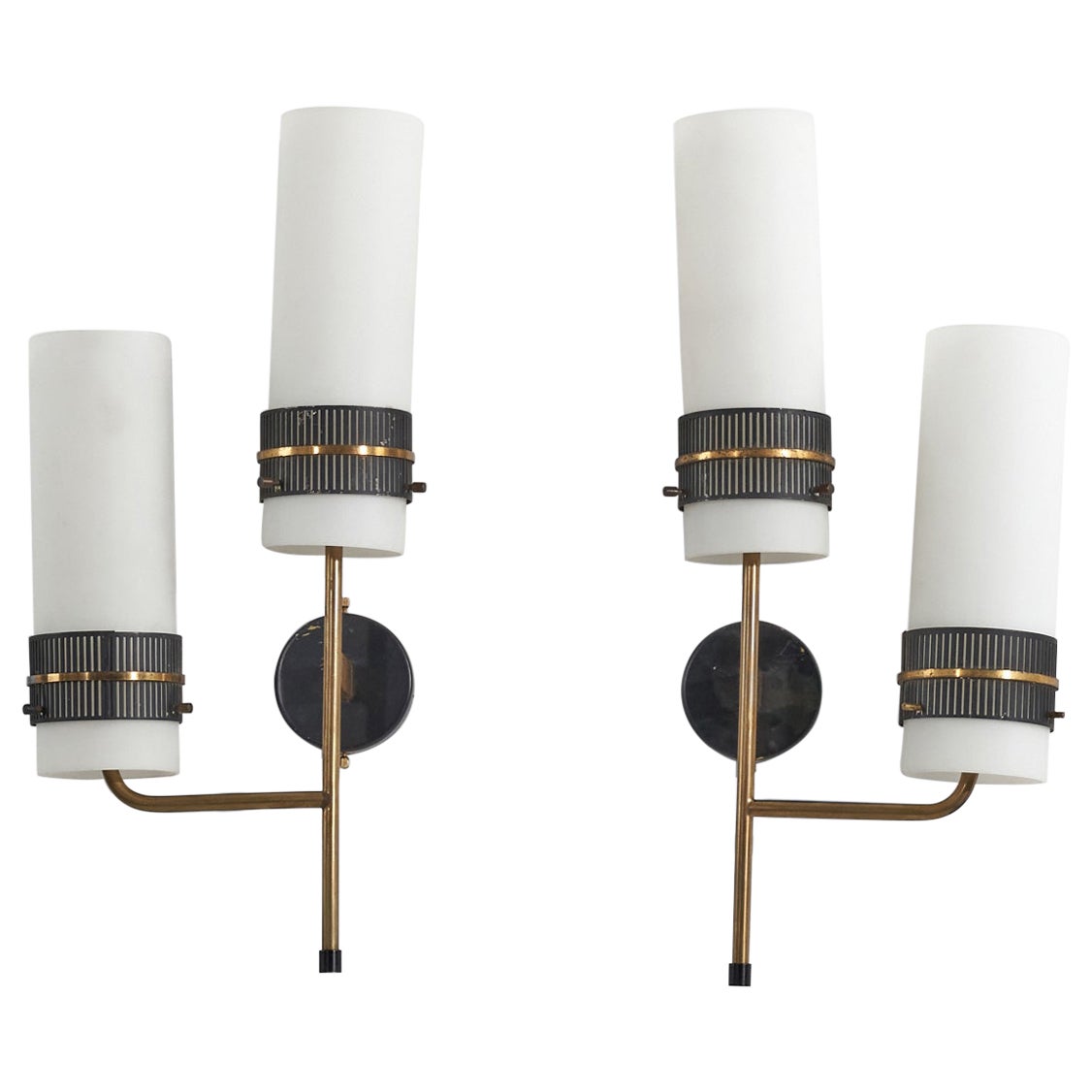 Italian Designer, Wall Lights, Brass, Metal And Glass, Italy, c. 1950s For Sale