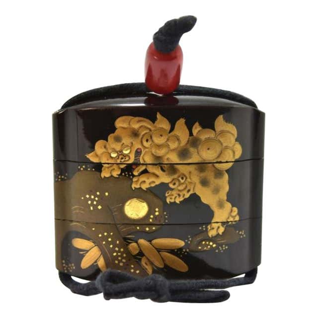 Japanese Inro with 4 Boxes in Gold Lacquer with Mat Kinji Background ...