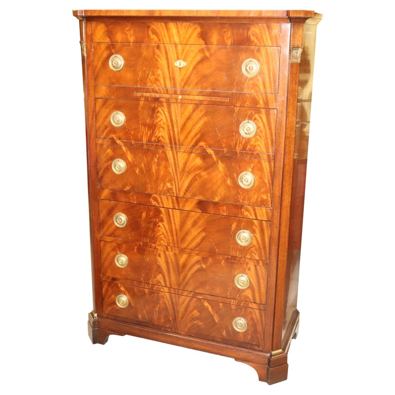 Flame Mahogany Baker French Empire Style Gentleman's Dresser with Watch