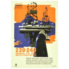 Original Vintage Soviet Poster Oil Rig Production Pipeline Seven Year Plan USSR