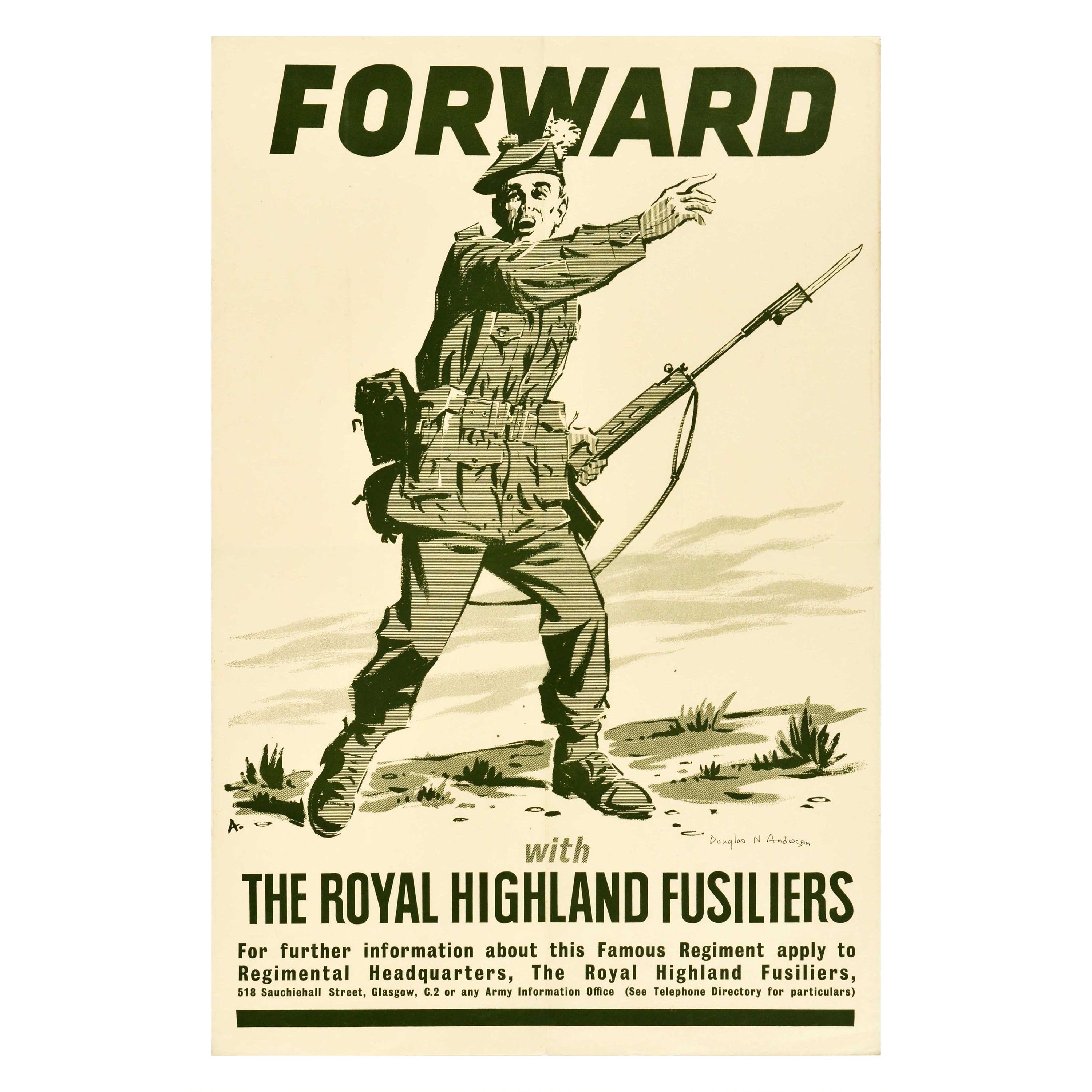 Original Vintage Military Poster Forward The Royal Highland Fusiliers Regiment For Sale