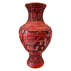 Large Chinese Hand Carved Cinnabar Vase with Brass Lining
