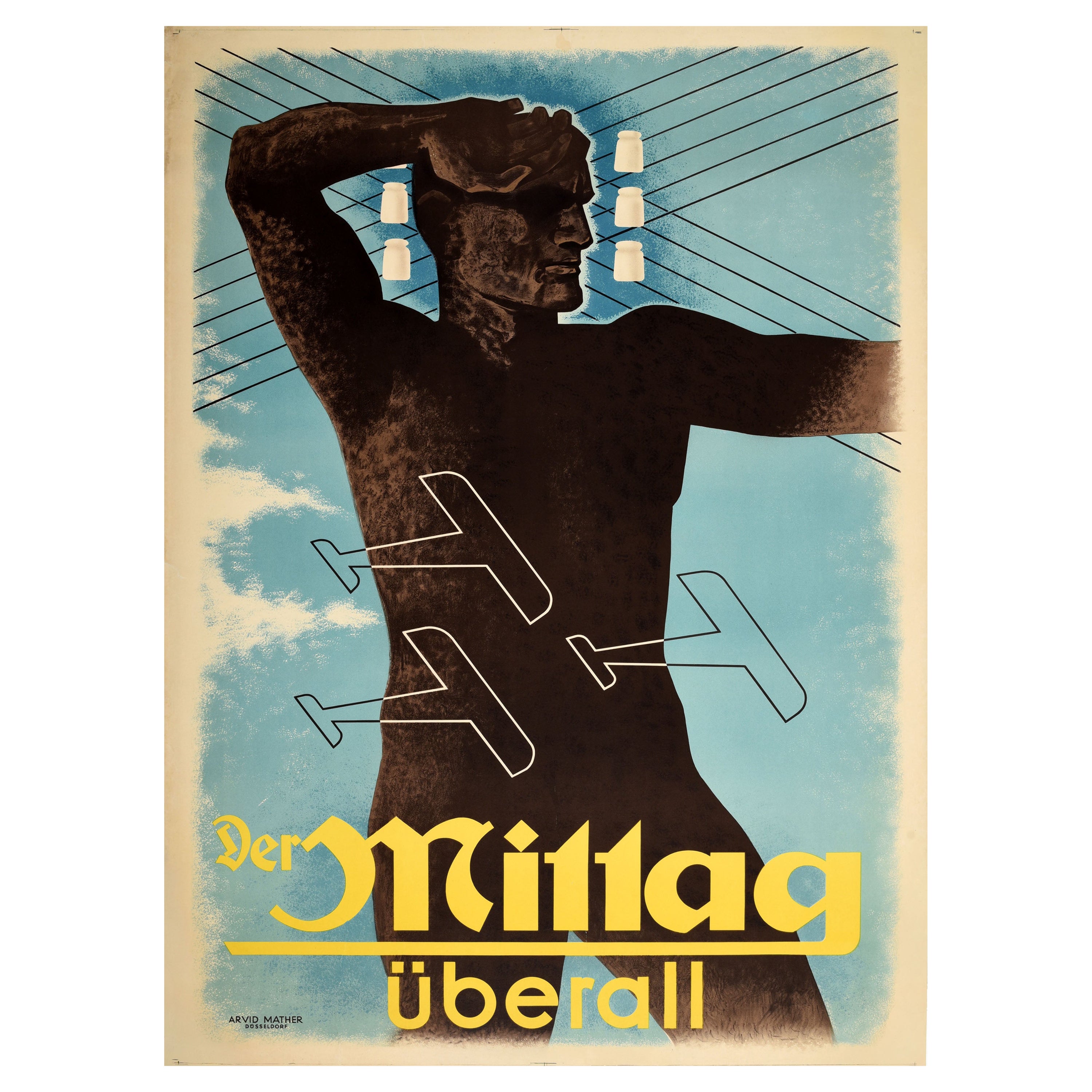 Original Vintage Poster Der Mittag Uberall Newspaper Electricity Aviation Design For Sale
