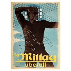 Affiche rétro originale, Der Mittag Uberall Newspaper, Electricity, Aviation Design