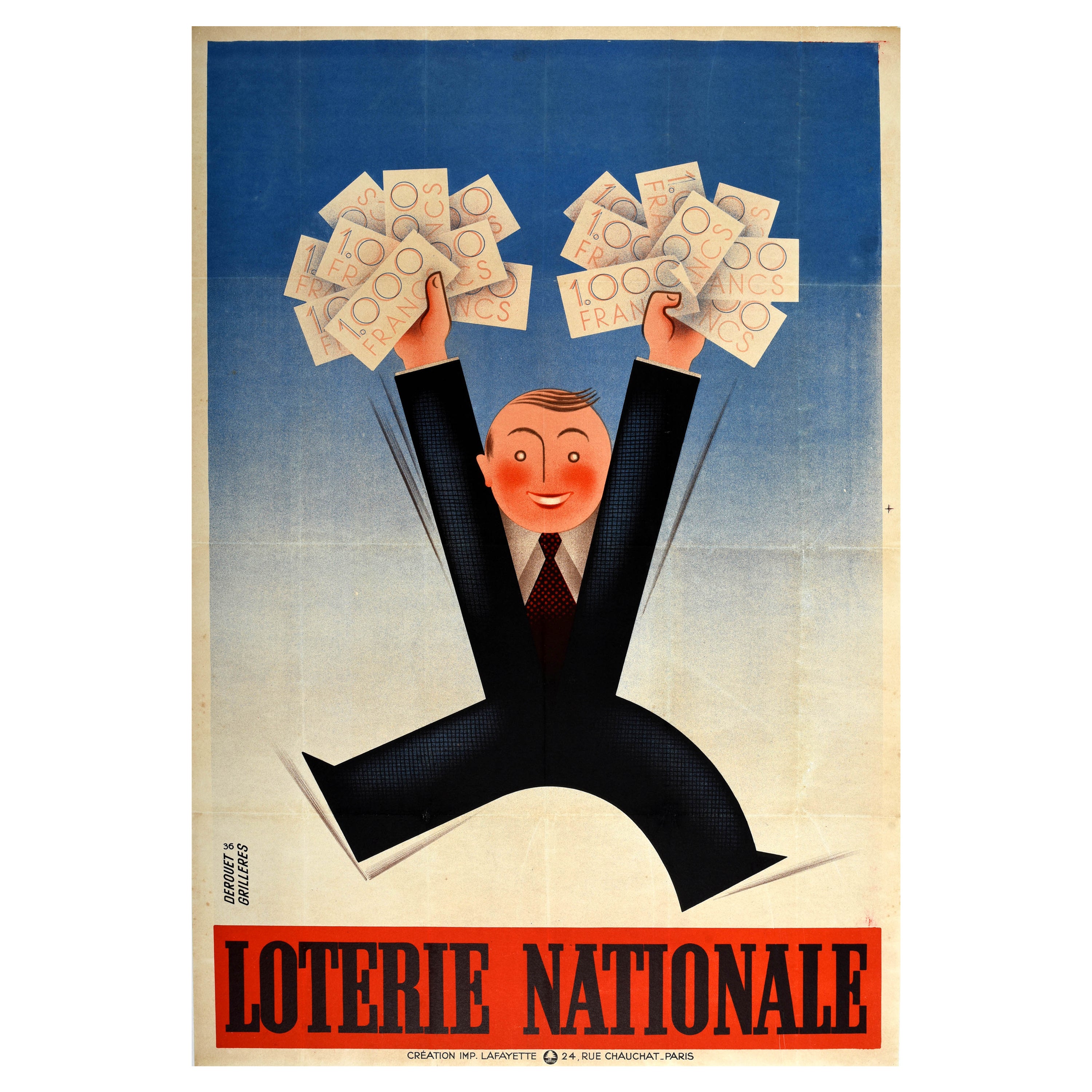 Original Vintage Poster Loterie Nationale 1000 Francs National Lottery France For Sale