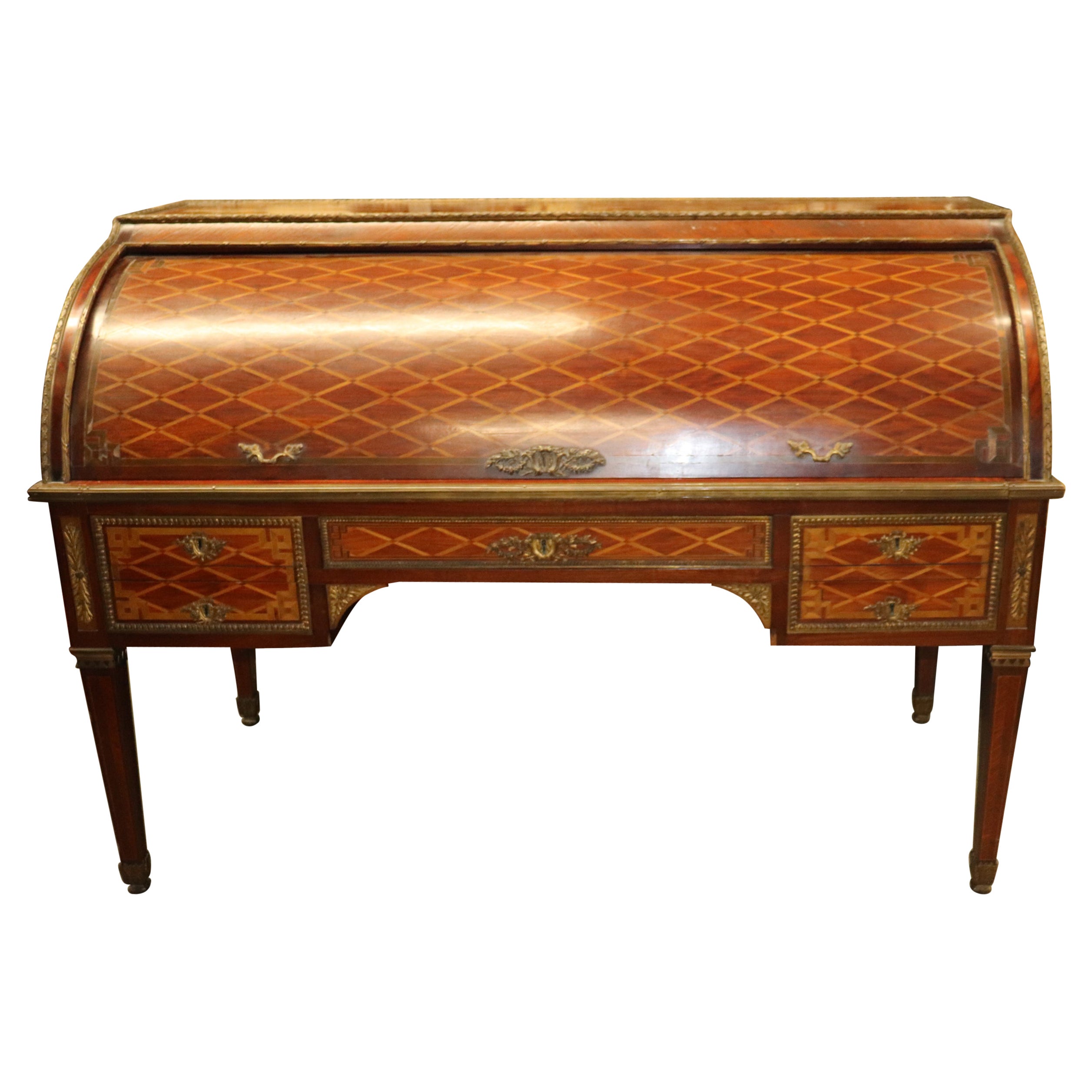 Monumental Inlaid French Bronze Mounted Louis XVI Cylinder Desk Circa 1900 For Sale