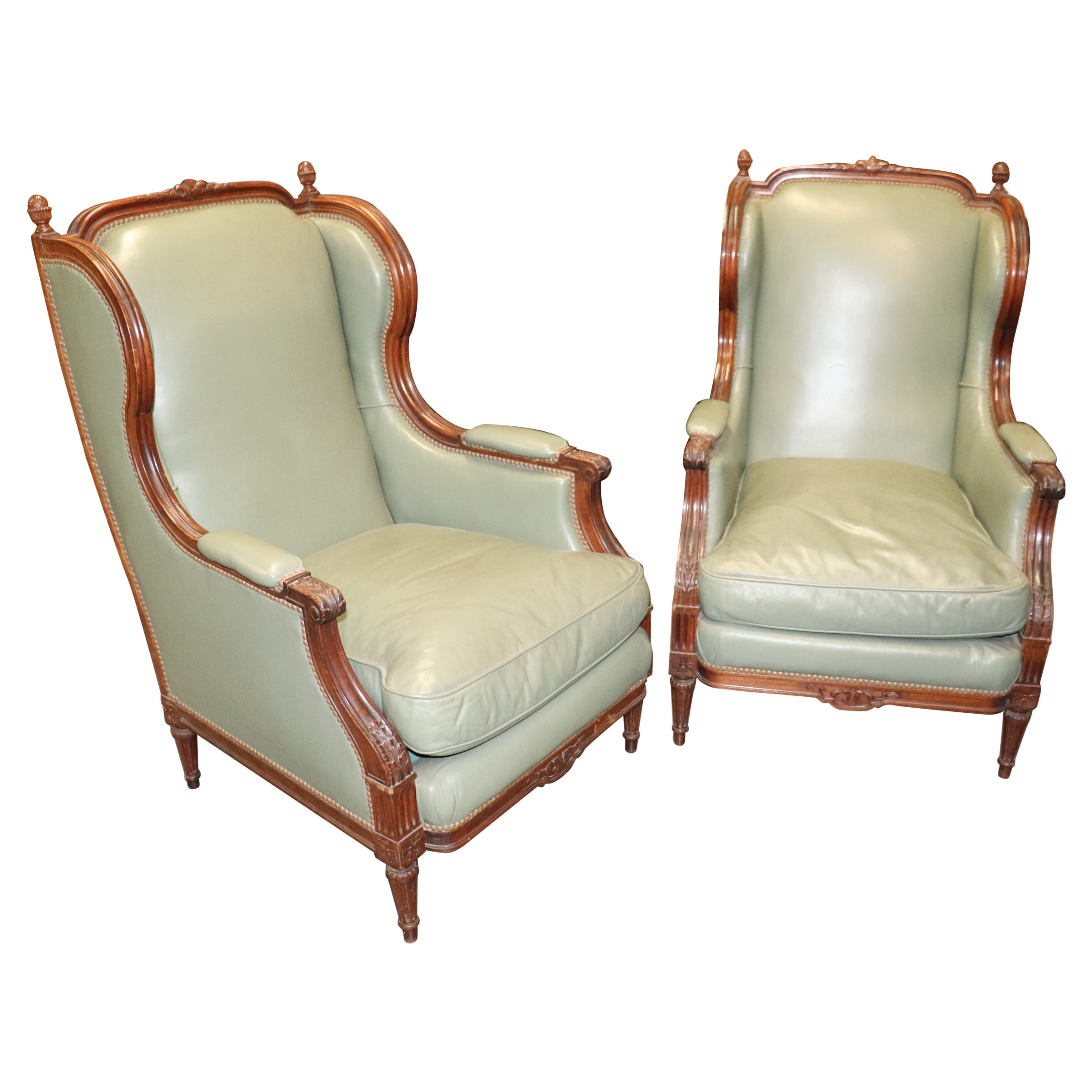 Pair Green Leather Upholstered French Louis XVI Tall Back Bergere Lounge Chairs 