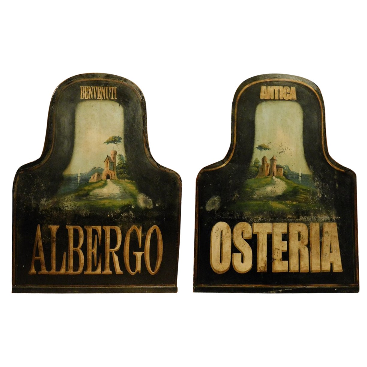 Pair of Hotel and Tavern Signs, Signoboard, Vintage 1900s, Italy