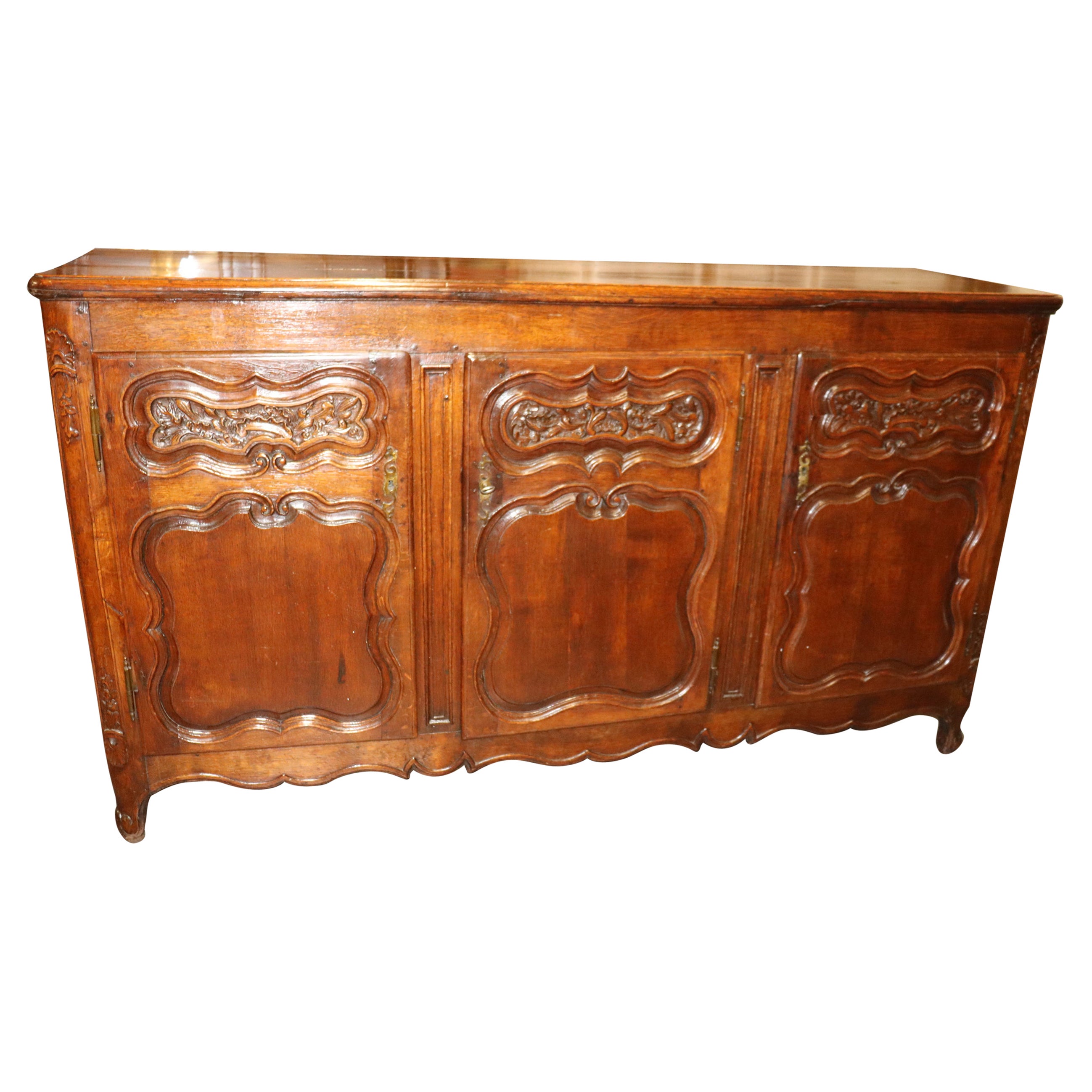 Antique 1770s Era Country French Solid Walnut Carved Sideboard Buffet For Sale
