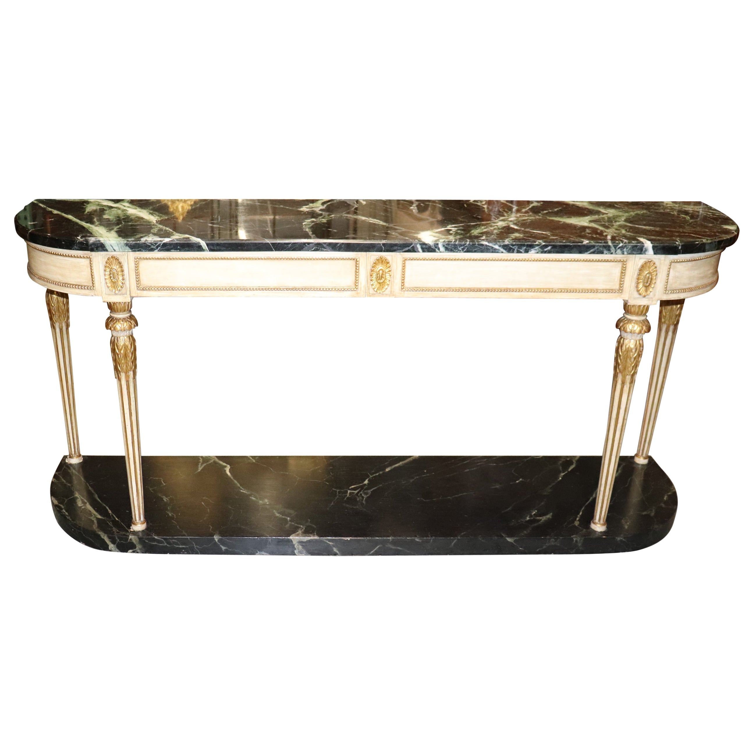 Signed Maison Jansen Verdi Green Marble Creme Painted Gilded Console Sideboard  For Sale