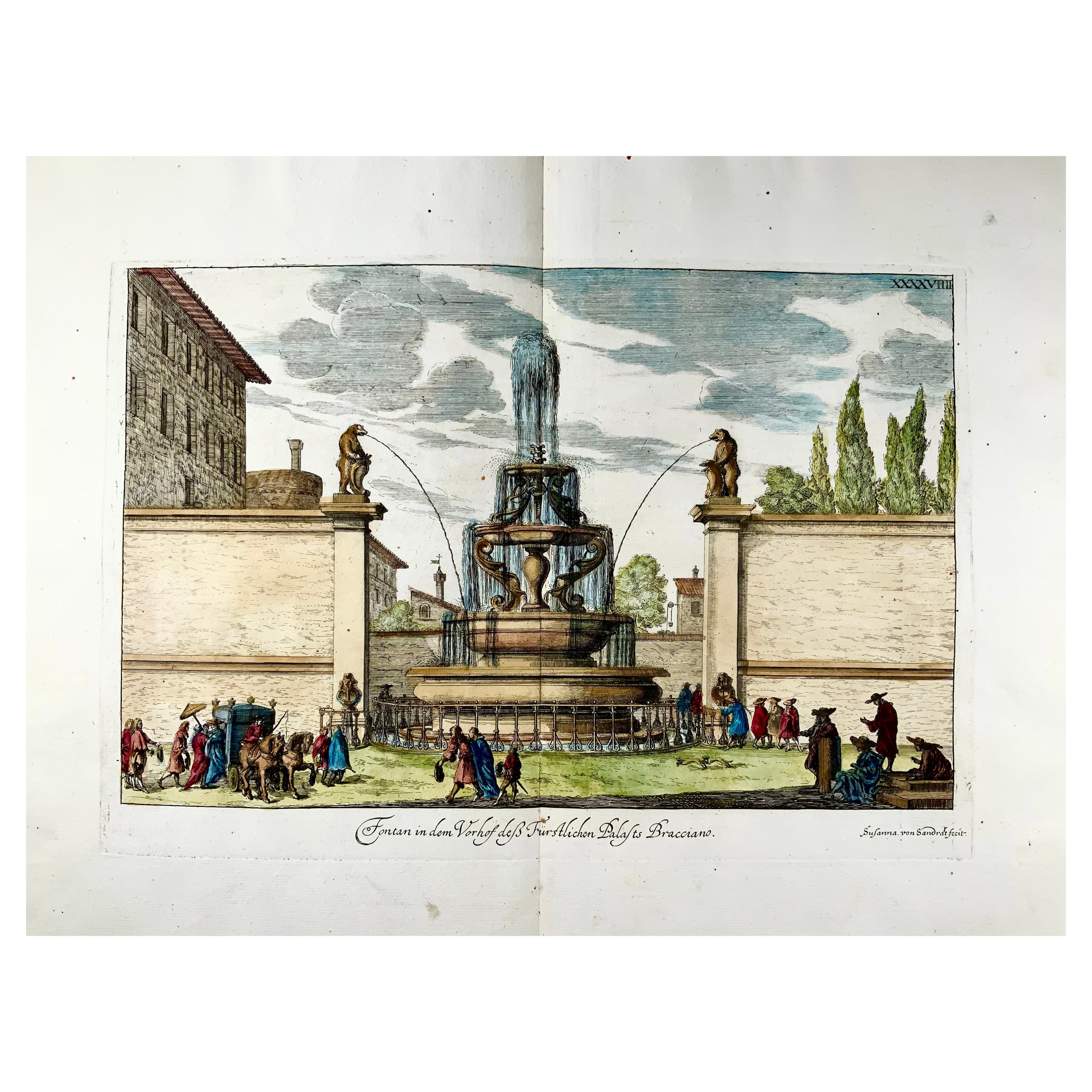 1679 Susanna Von Sandrart, Fountain Bracciano in Rome, Italy, Hand Colored For Sale