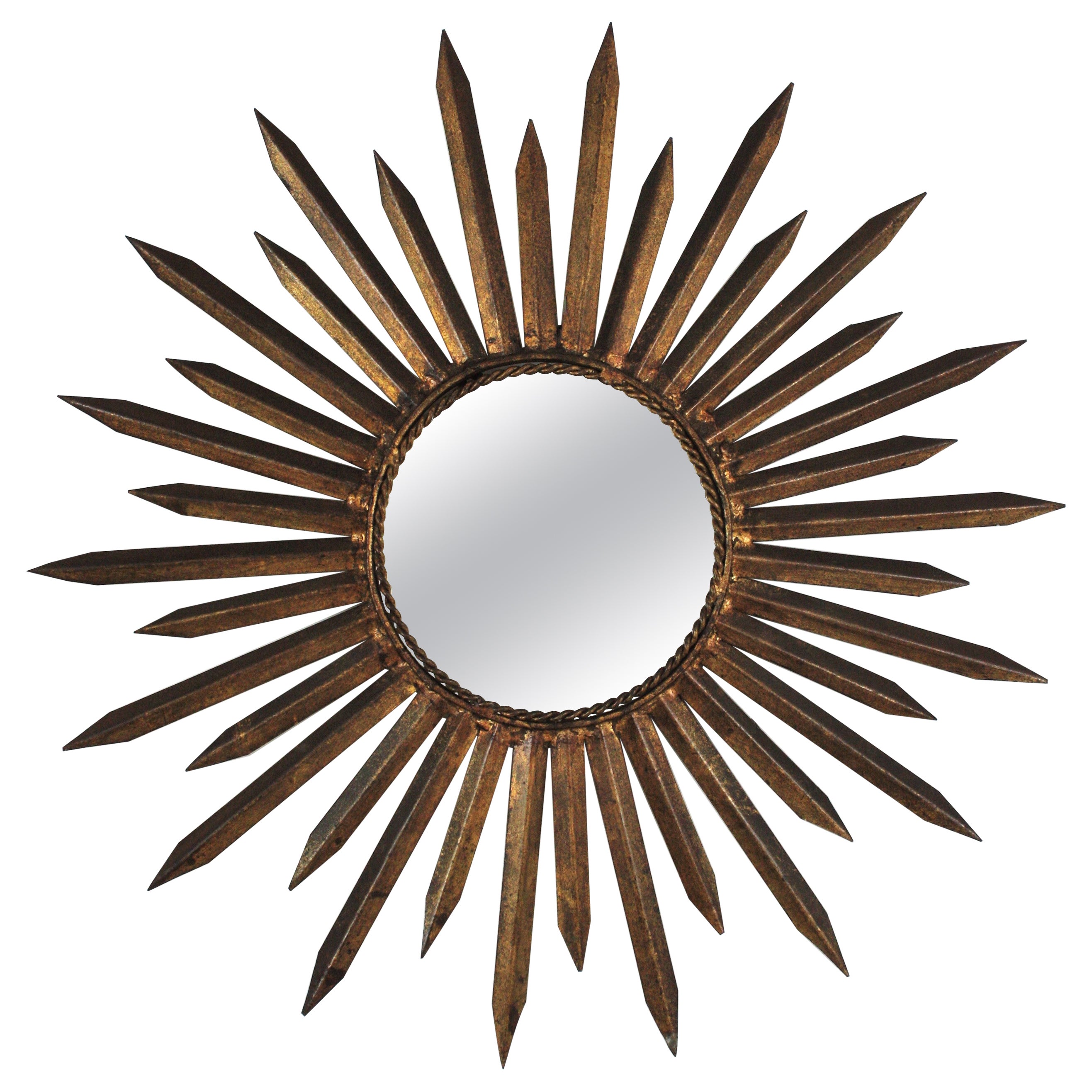 French Sunburst Starburst Mirror in Gilt Iron, Gilbert Poillerat Style