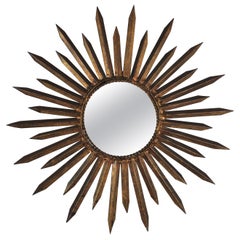 Vintage French Sunburst Starburst Mirror in Gilt Iron, Gilbert Poillerat Style