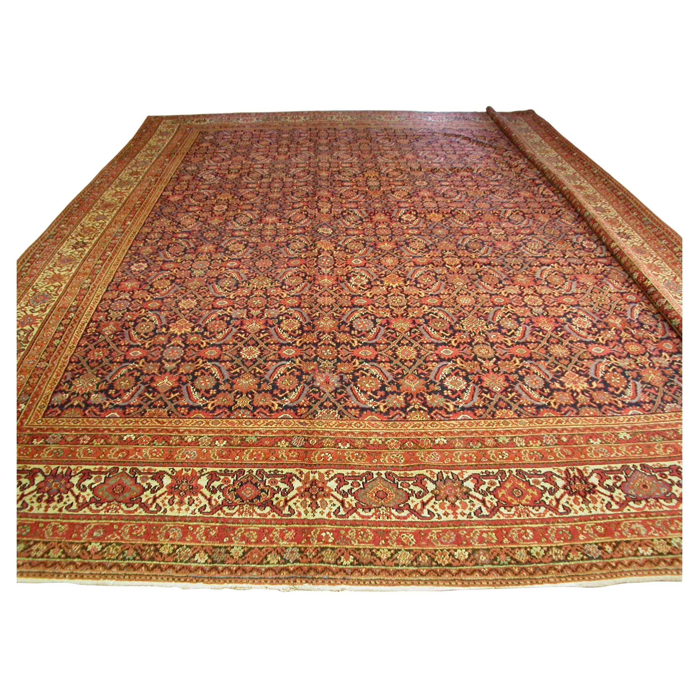 Antique Large Square Navy Blue and Rust All Over Pattern Malayer Rug For Sale