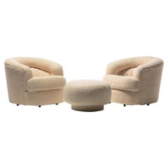 Ivory Bouclé Post Modern Swivel Chairs & Ottoman Attributed to Adrian Pearsall