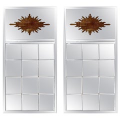 Pair of Jansen Style Eglomise Sunburst Trumeau Mirrors with Beveled Glass