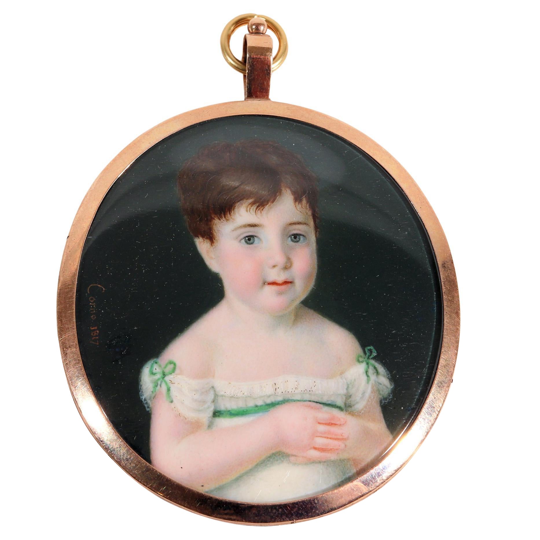 Portrait miniature d'une jeune fille, signé Corno 1817