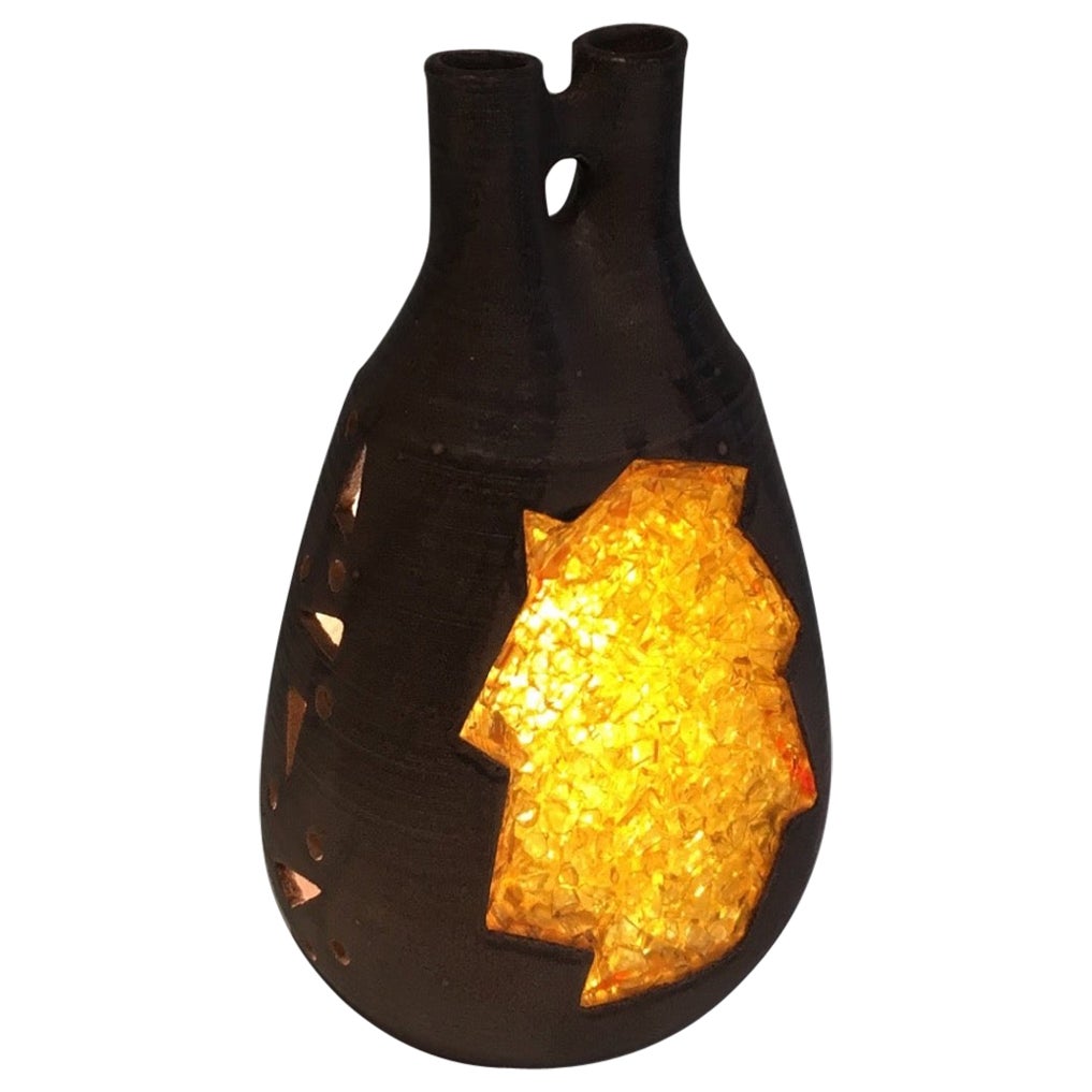 Unusual Ceramic and Yellow Glass Lamp, circa 1970 For Sale