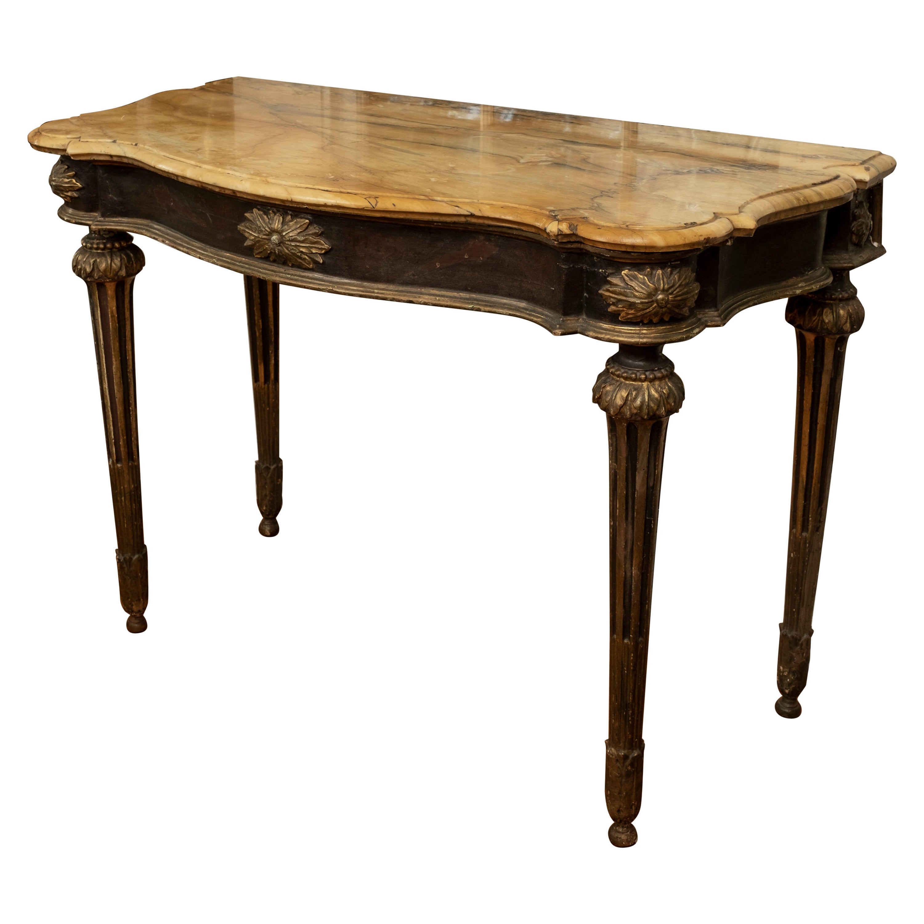 Table console italienne du 18e siècle, ébonisée et dorée à la parcelle 