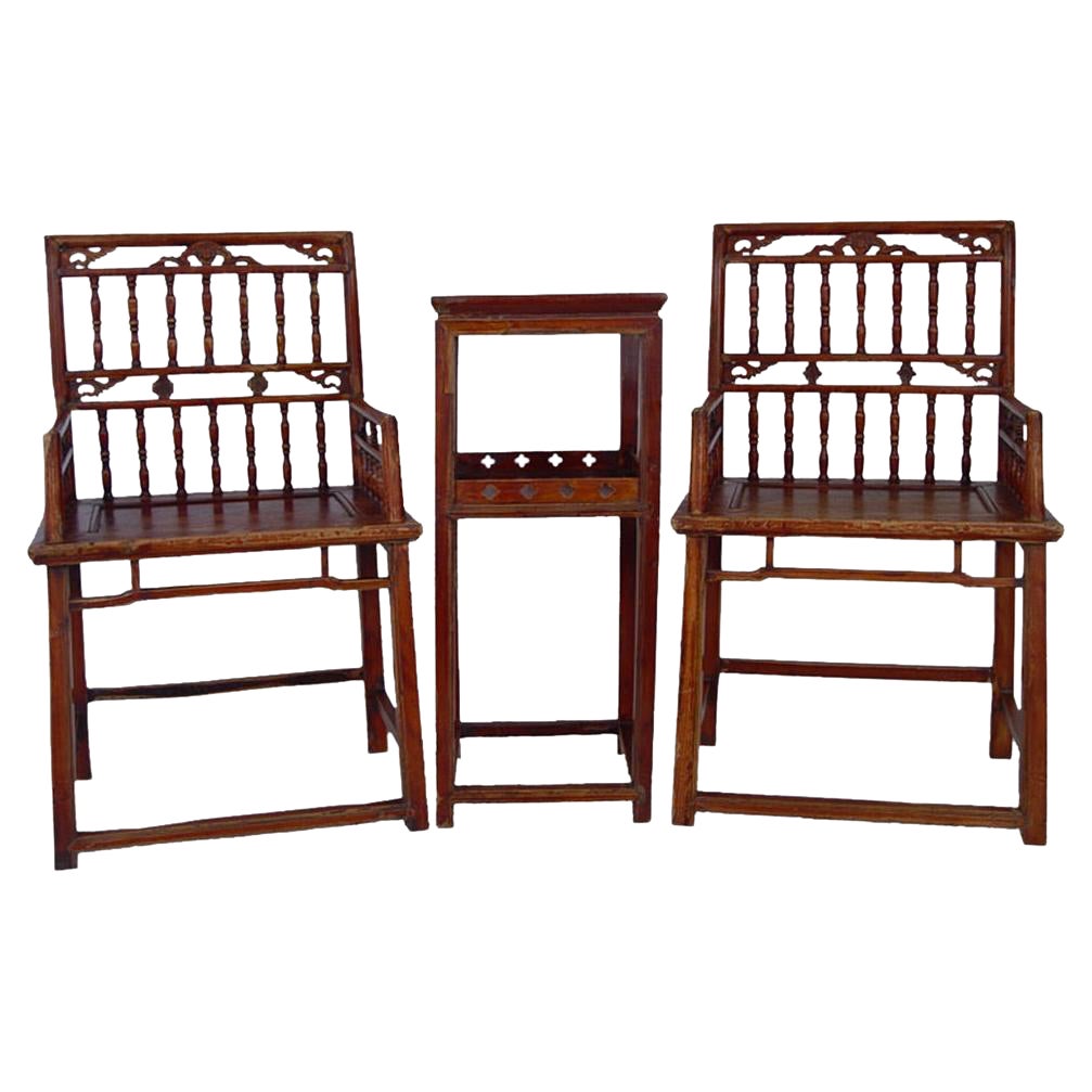 19 Century Antique Camphor Wood Chinese Southern Official's Hat Armchairs set 