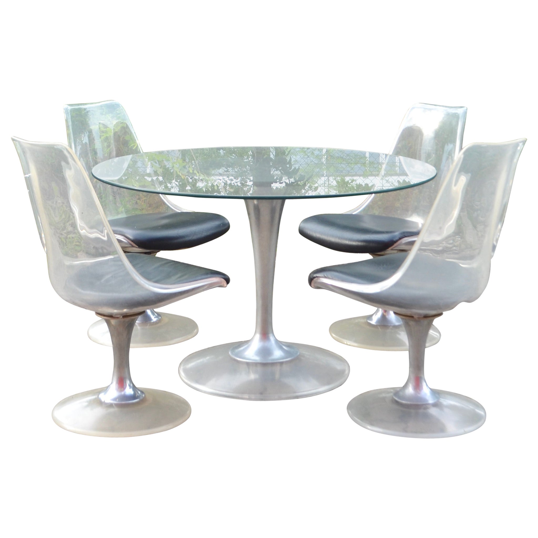 Ensemble de salle à manger Chromcraft en Lucite, table de salle à manger Tulip Glas et 4 chaises en cuir en vente