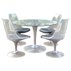 Lucite Chromcraft Dining Set Tulip Glas Dining table & 4x leather Chairs