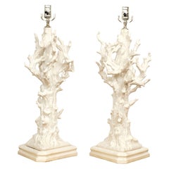 Vintage Pair of Italian White Glazed Porcelain Faux Coral Lamps