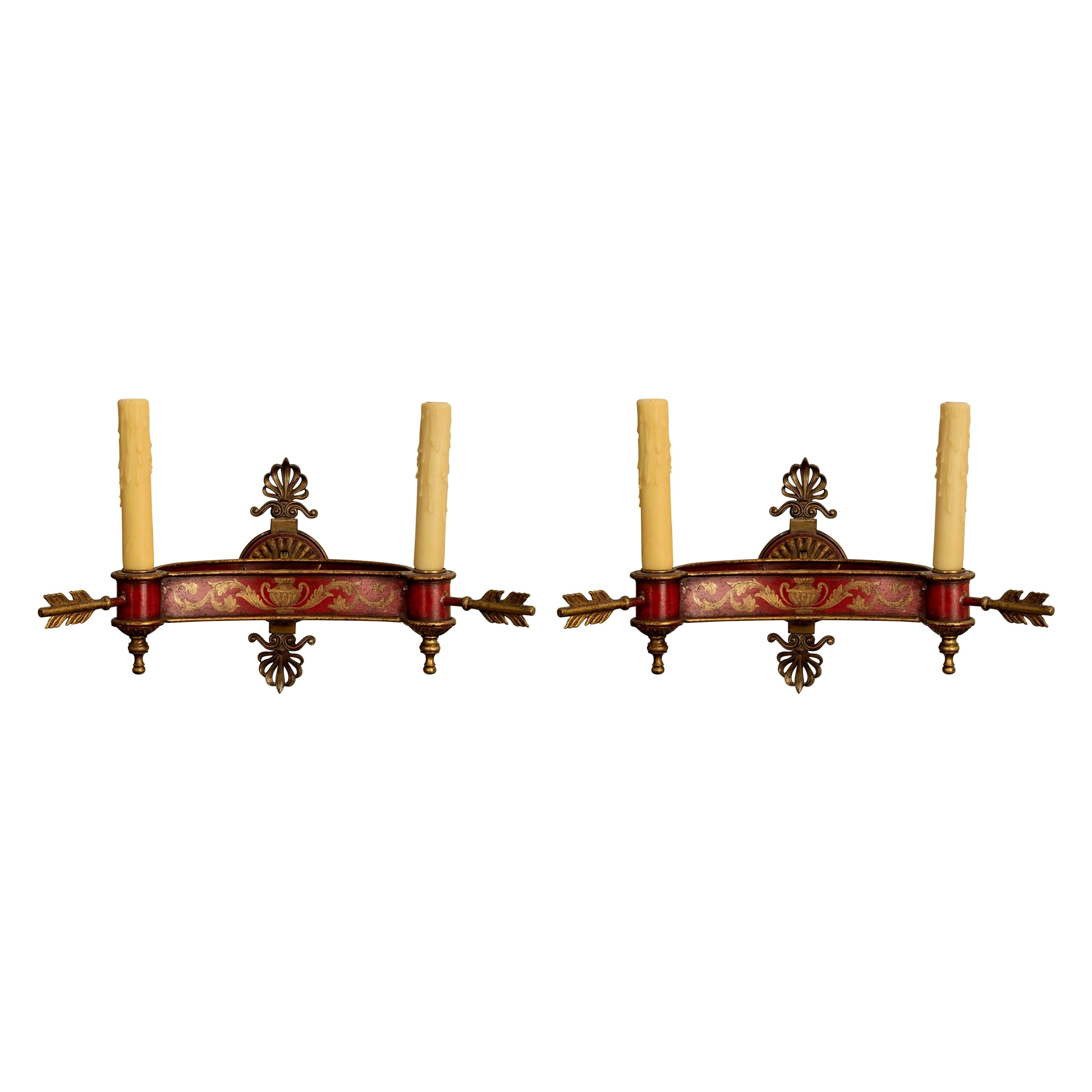 Pair of French Neoclassical Style Bronze and Tole Sconces