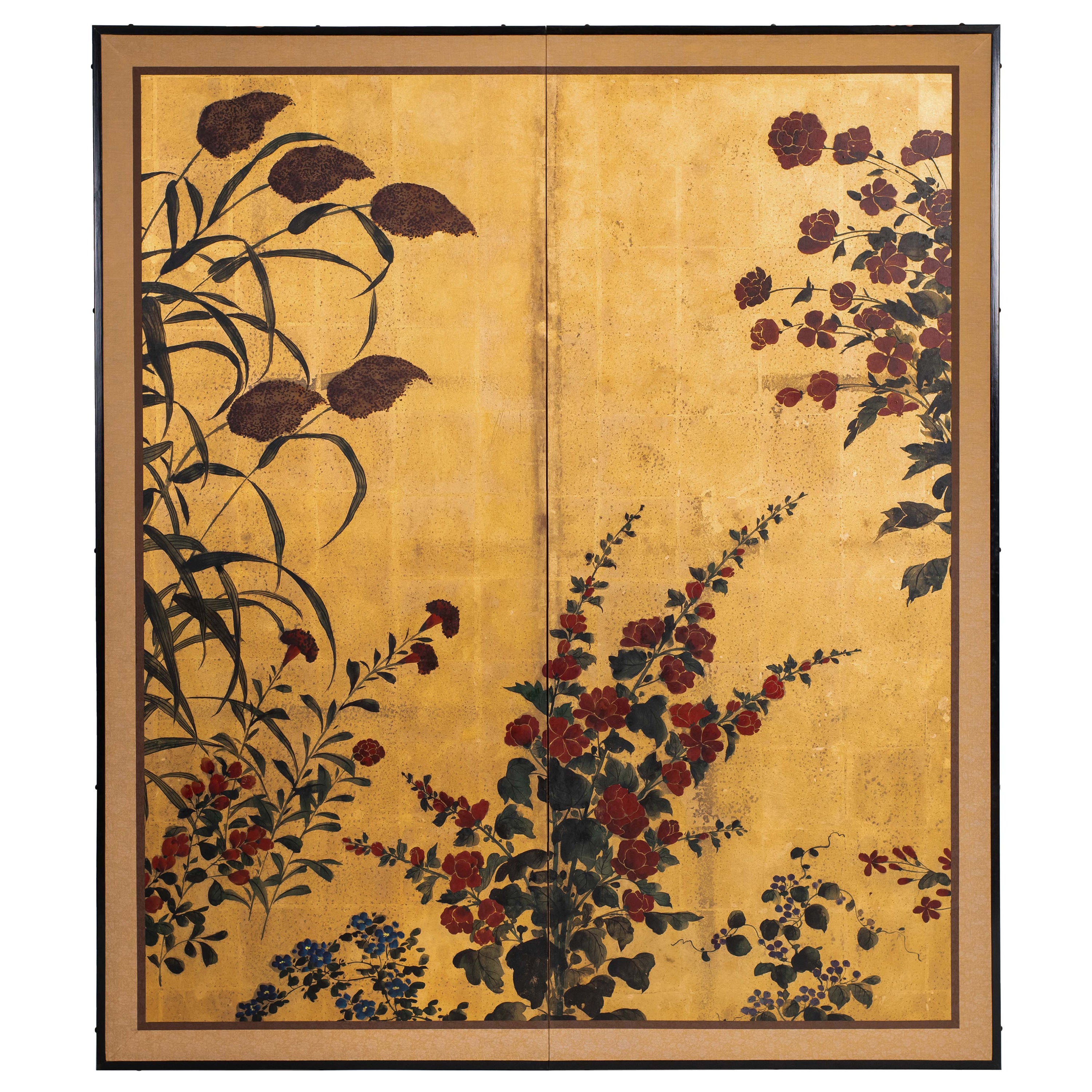 Paravent japonais peint à la main Byobu de gazons en fleurs et de bambou en vente
