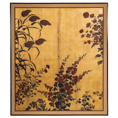 Hand Painted Japanese Folding Screen Byobu of Flowering Grasses and Bamboo