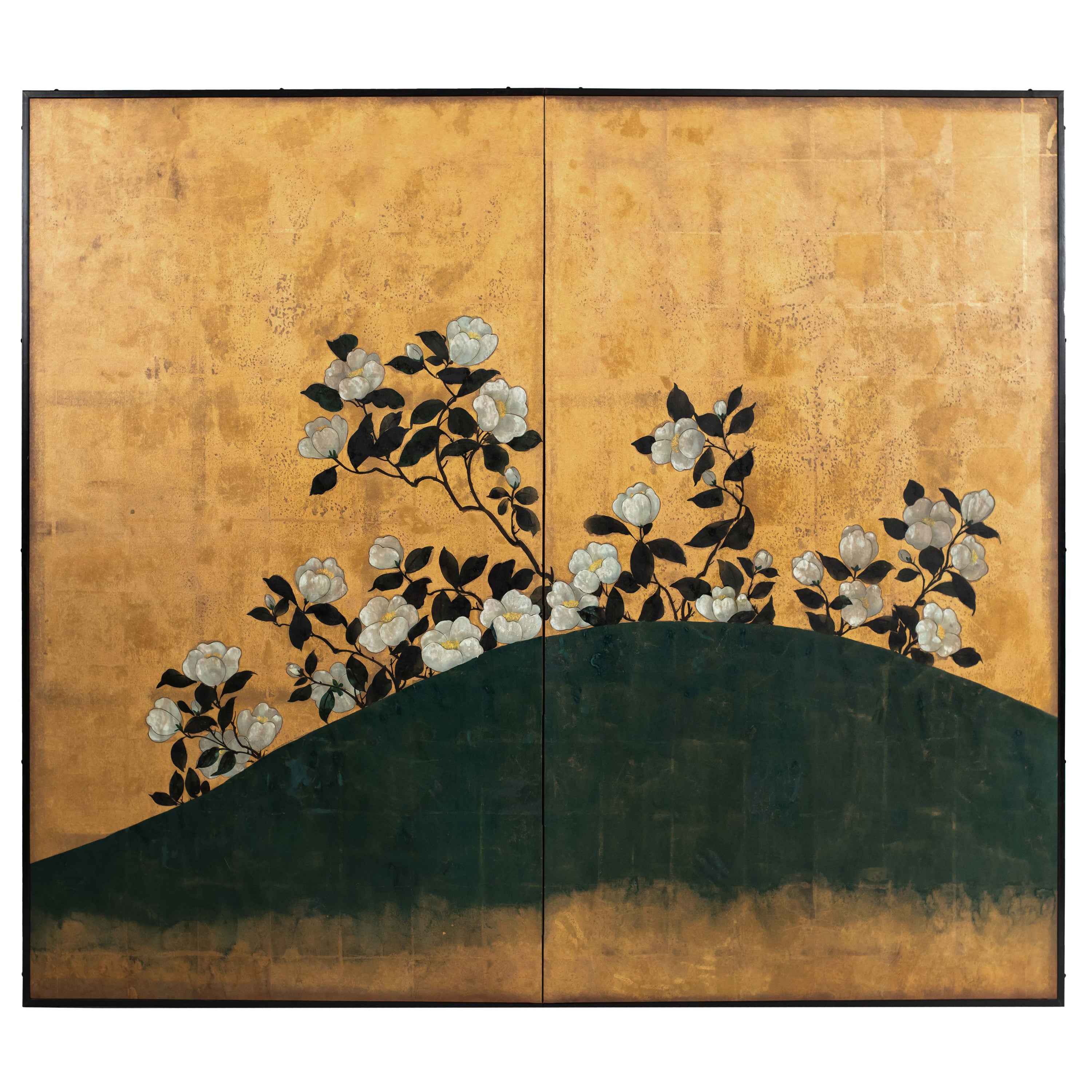 Hand Painted Japanese Folding Screen Byobu of Camellias For Sale