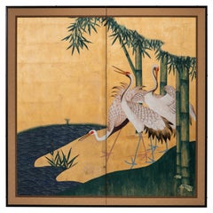Hand Painted Japanese Folding Screen Byobu of Cranes by the River