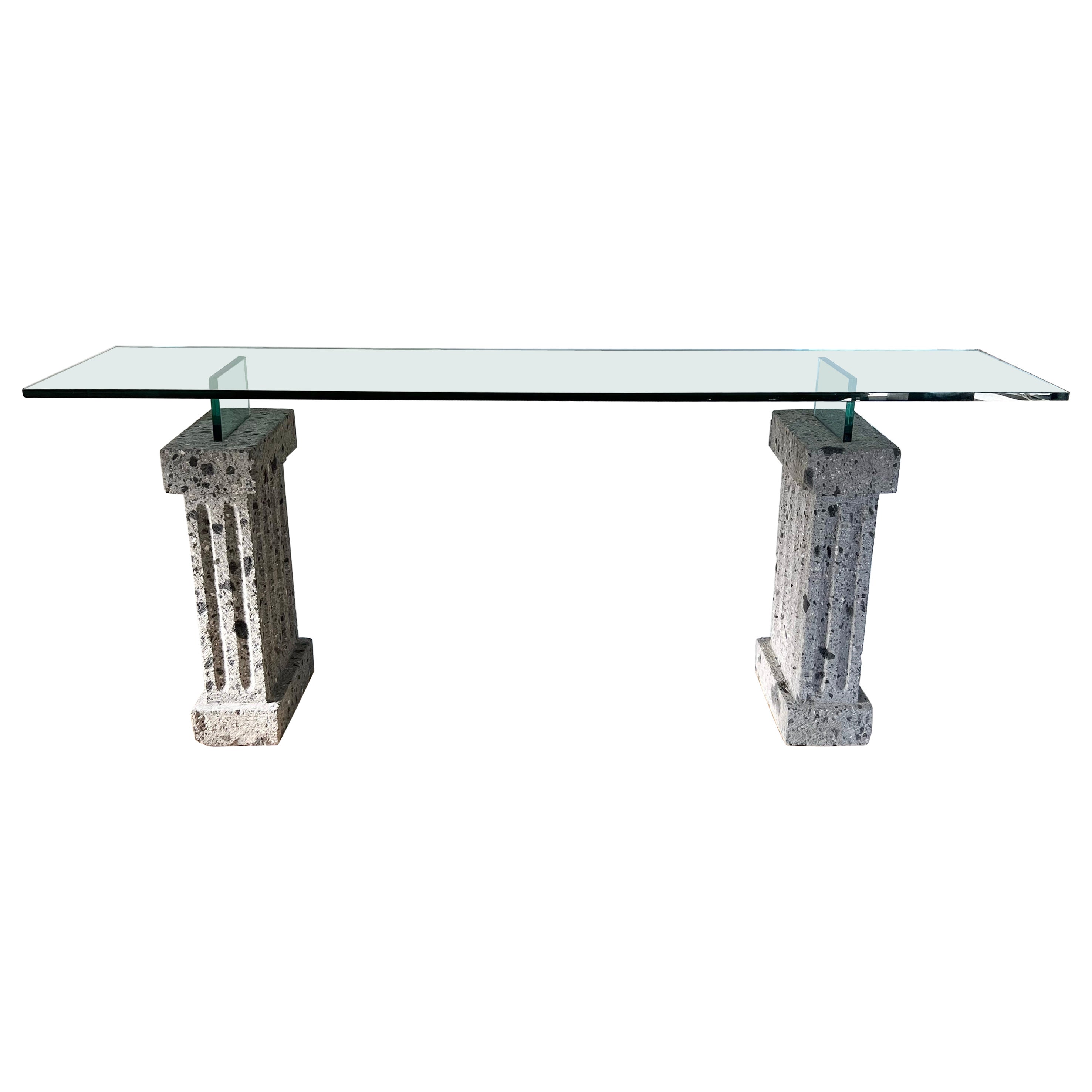 Monumental Brutalist Neoclassical Stone and Glass Console Table, 1970s