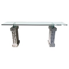 Used Monumental Brutalist Neoclassical Stone and Glass Console Table, 1970s