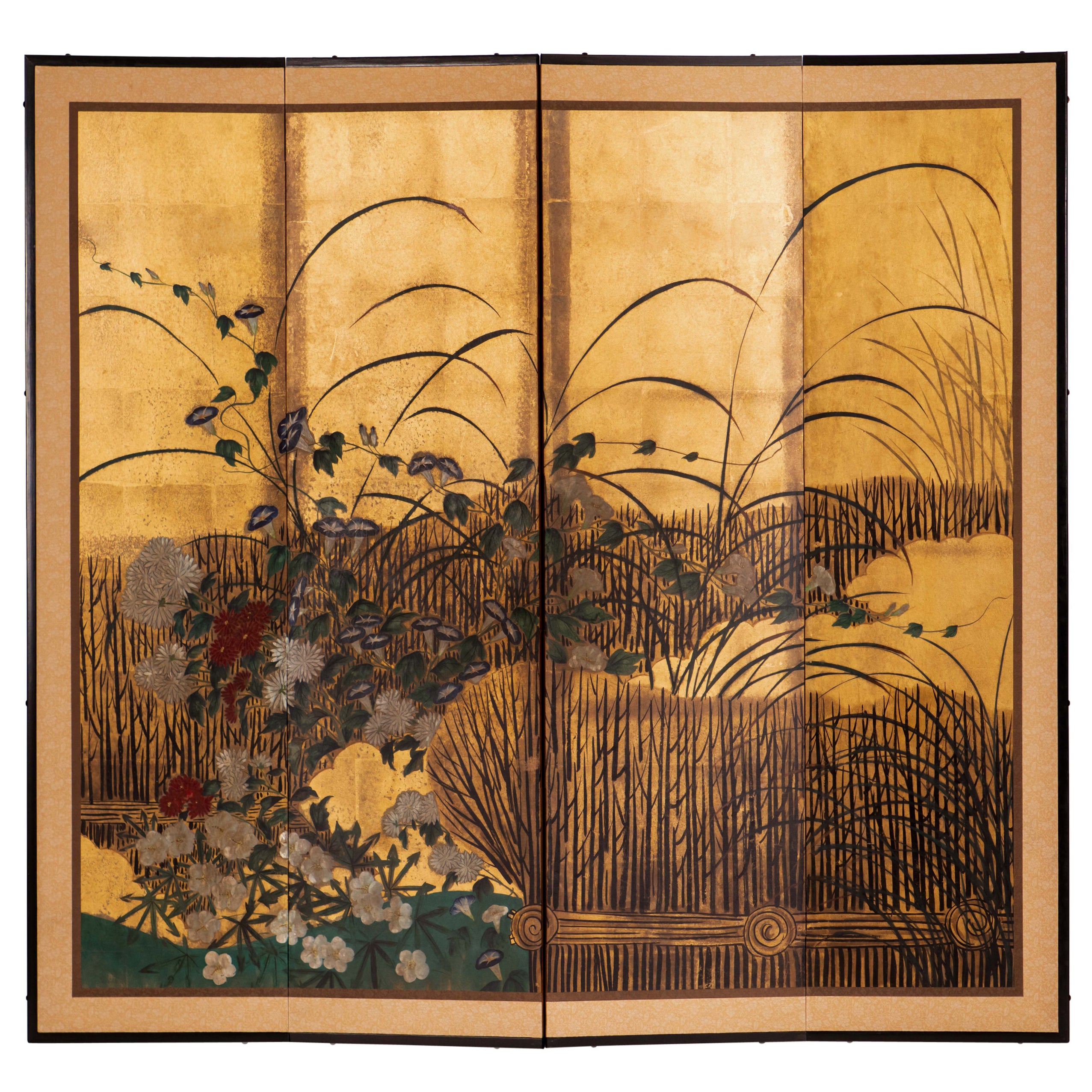 Hand Painted Japanese Folding Screen Byobu of Chrysanthemum and Willows For Sale