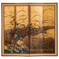 Antique Hand Painted Japanese Folding Screen Byobu of Chrysanthemum and Willows
